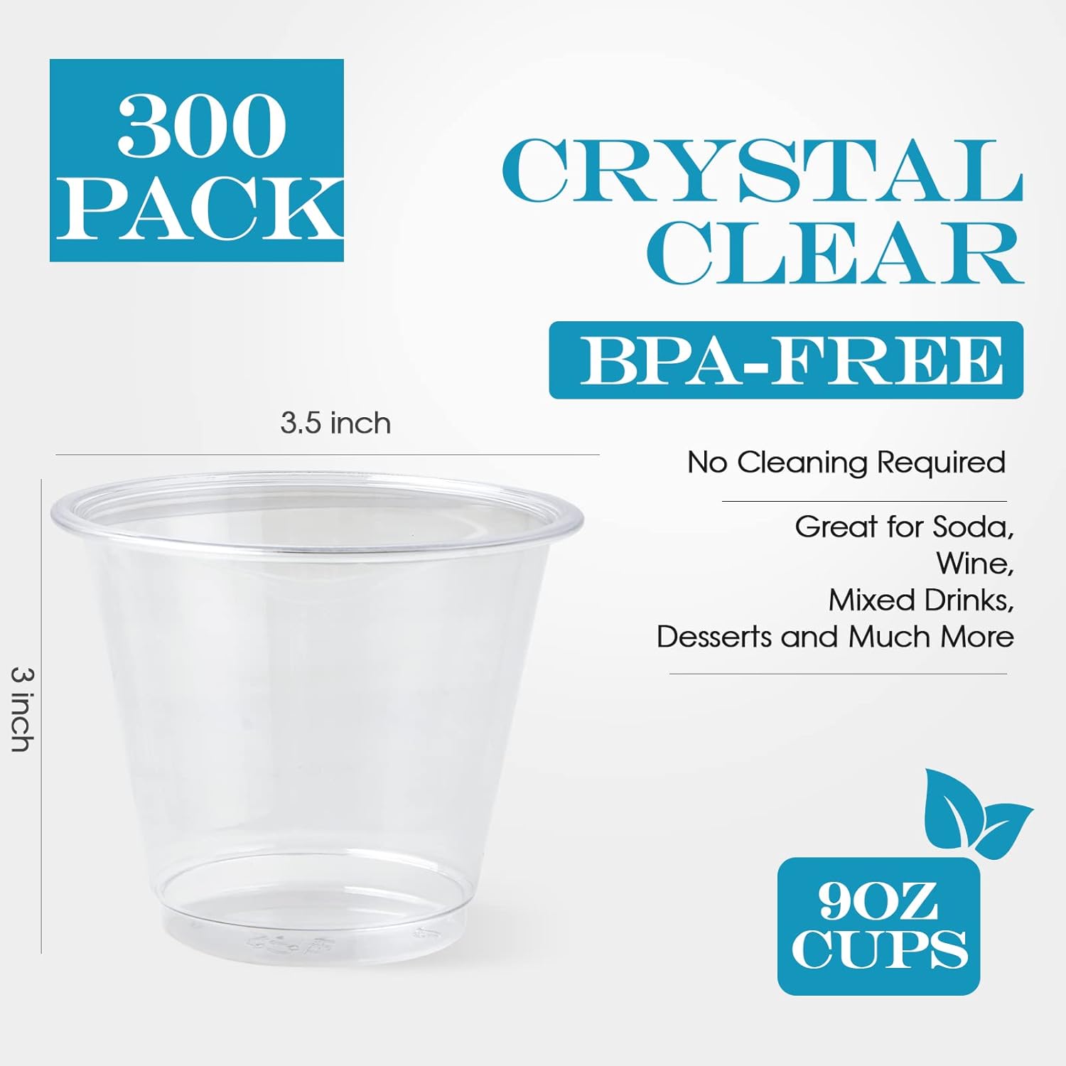 Turbo Bee 9oz Clear Plastic Cups – 300-Pack Disposable Party Cups