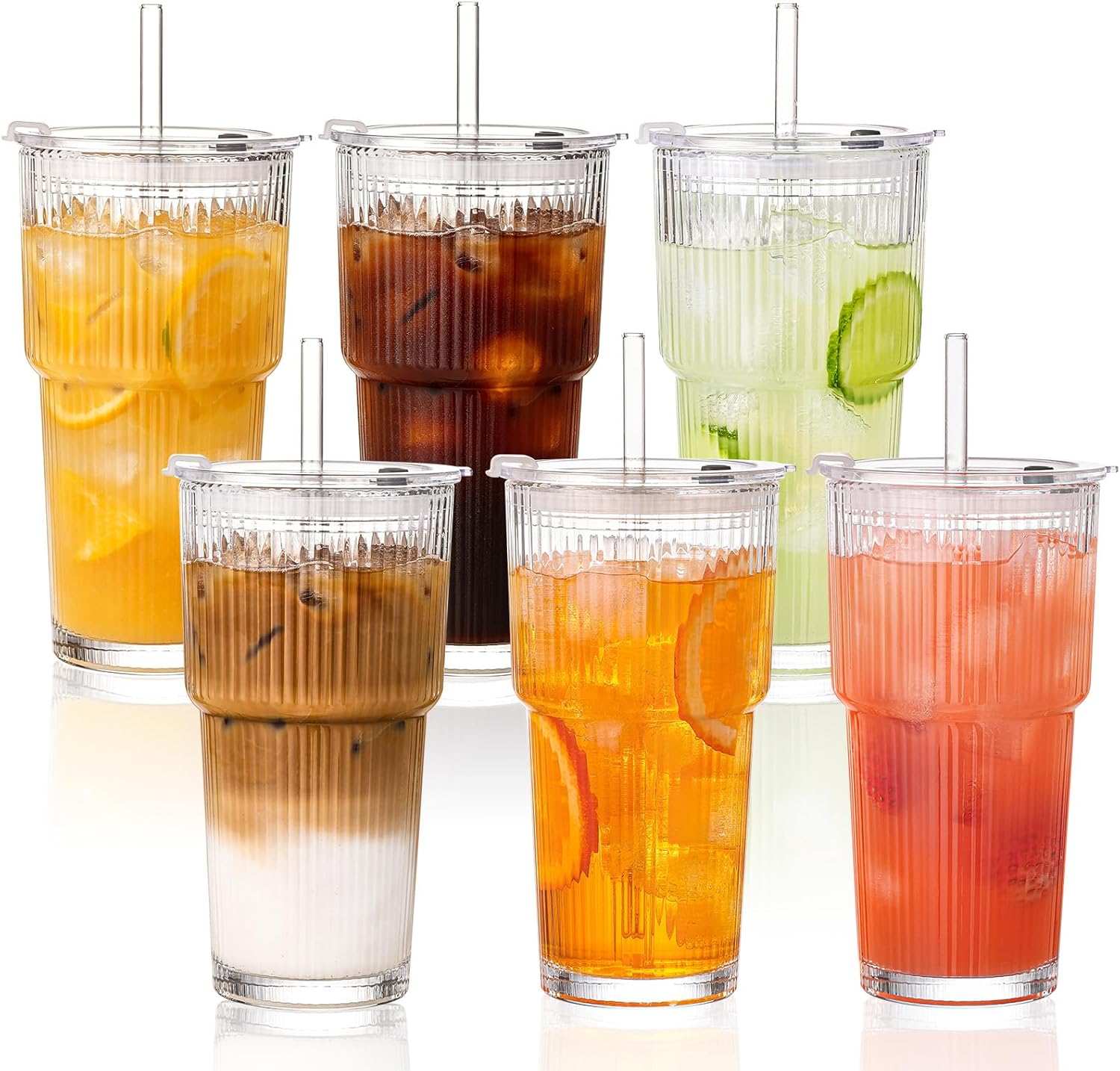 GOSCHE 20oz Glass Cups with Lids & Straws – Reusable Iced Coffee Tumblers, 6-Pack