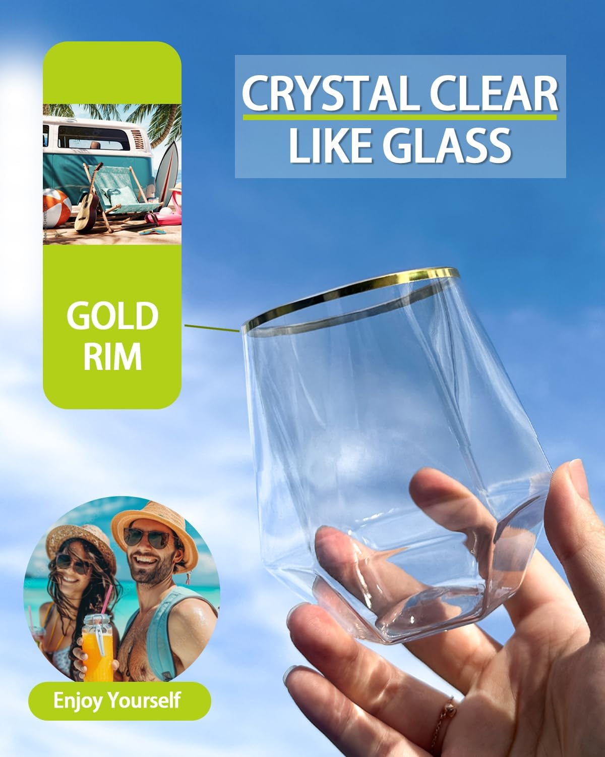 Maaacute 12oz Stemless Plastic Wine Glasses – 40-Pack Gold Rim Disposable Cups